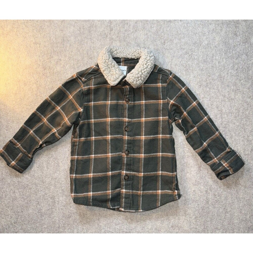 Carters Boys Long Sleeve Plans Button Up Green Fleece Collar Size 18 Months